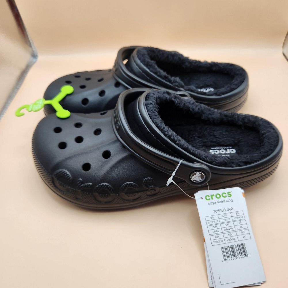 Crocs Baya Lined Clogs Size M10/W12 Black Faux Fur Slippers Comfort Slip On